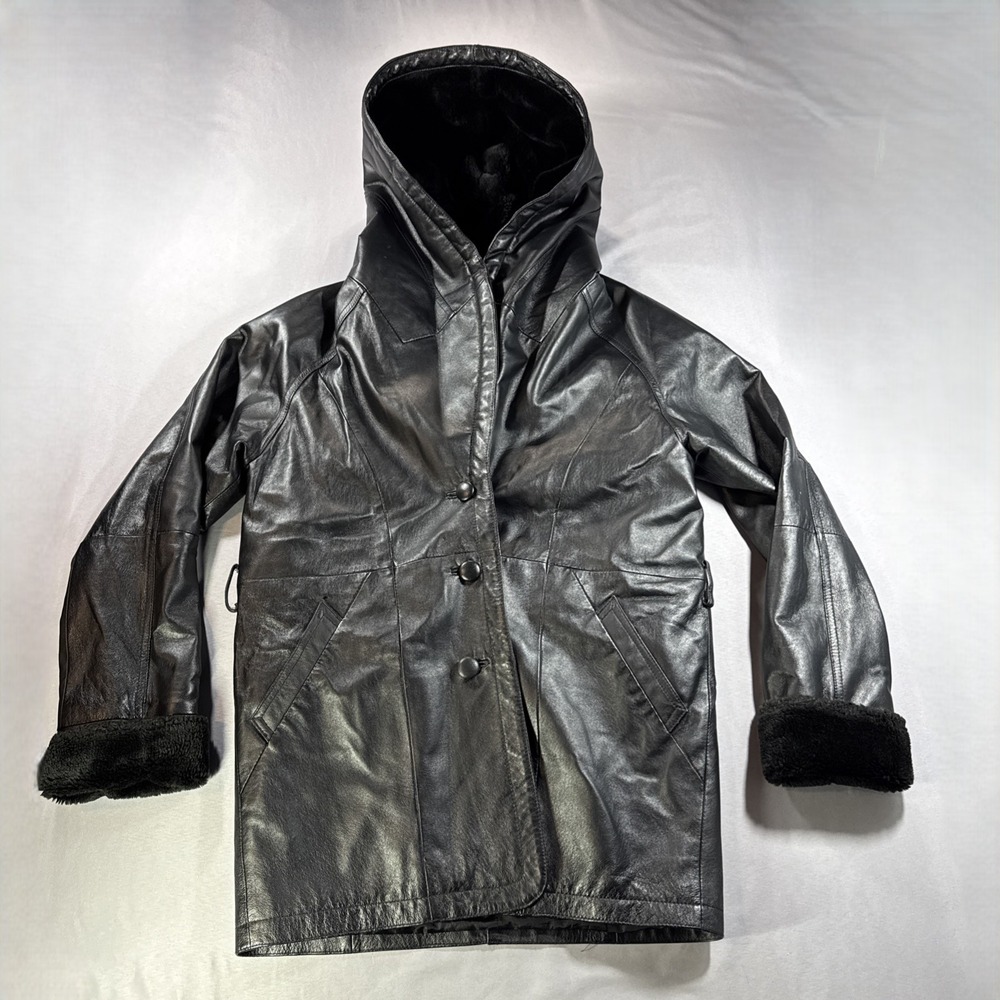 Leather USA Womens Black Hooded Parka Jacket Removable Faux Fur Lining Coat